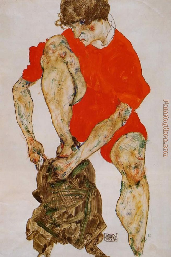 Female Model in Bright Red Jacket and Pants painting - Egon Schiele Female Model in Bright Red Jacket and Pants art painting